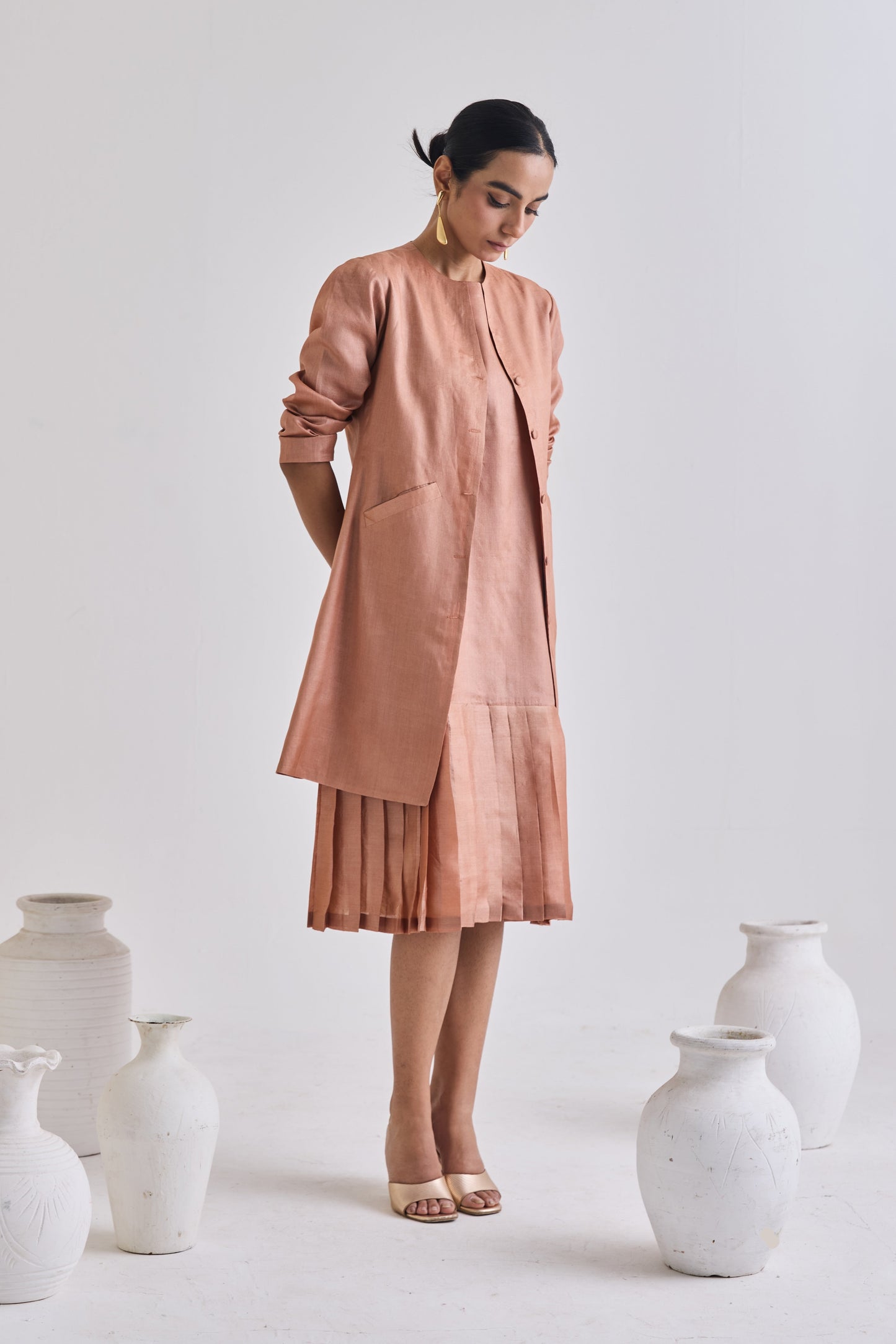 Pure Tussar Set With Sleeveless Dress