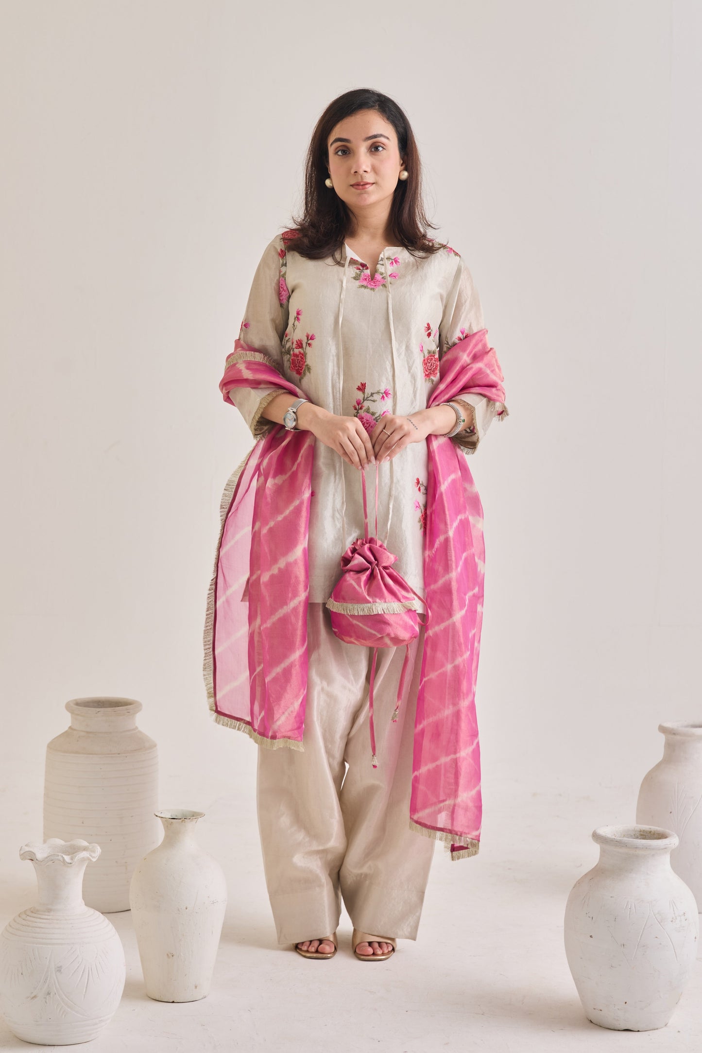 Silver Tissue Farsi Salwar Suit Set with Potli Bag