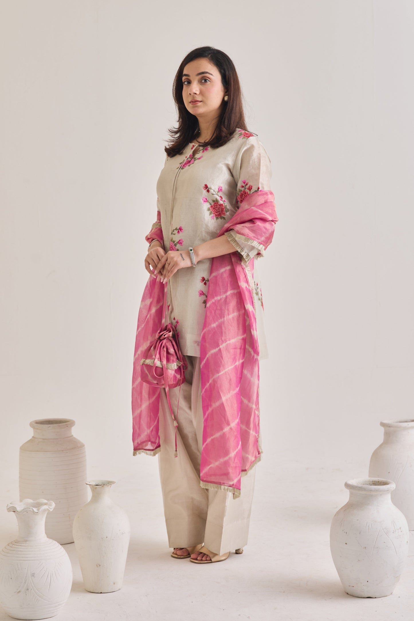 Silver Tissue Farsi Salwar Suit Set with Potli Bag