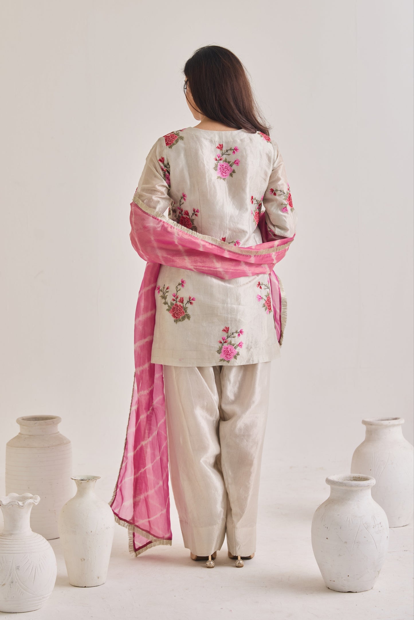 Silver Tissue Farsi Salwar Suit Set with Potli Bag