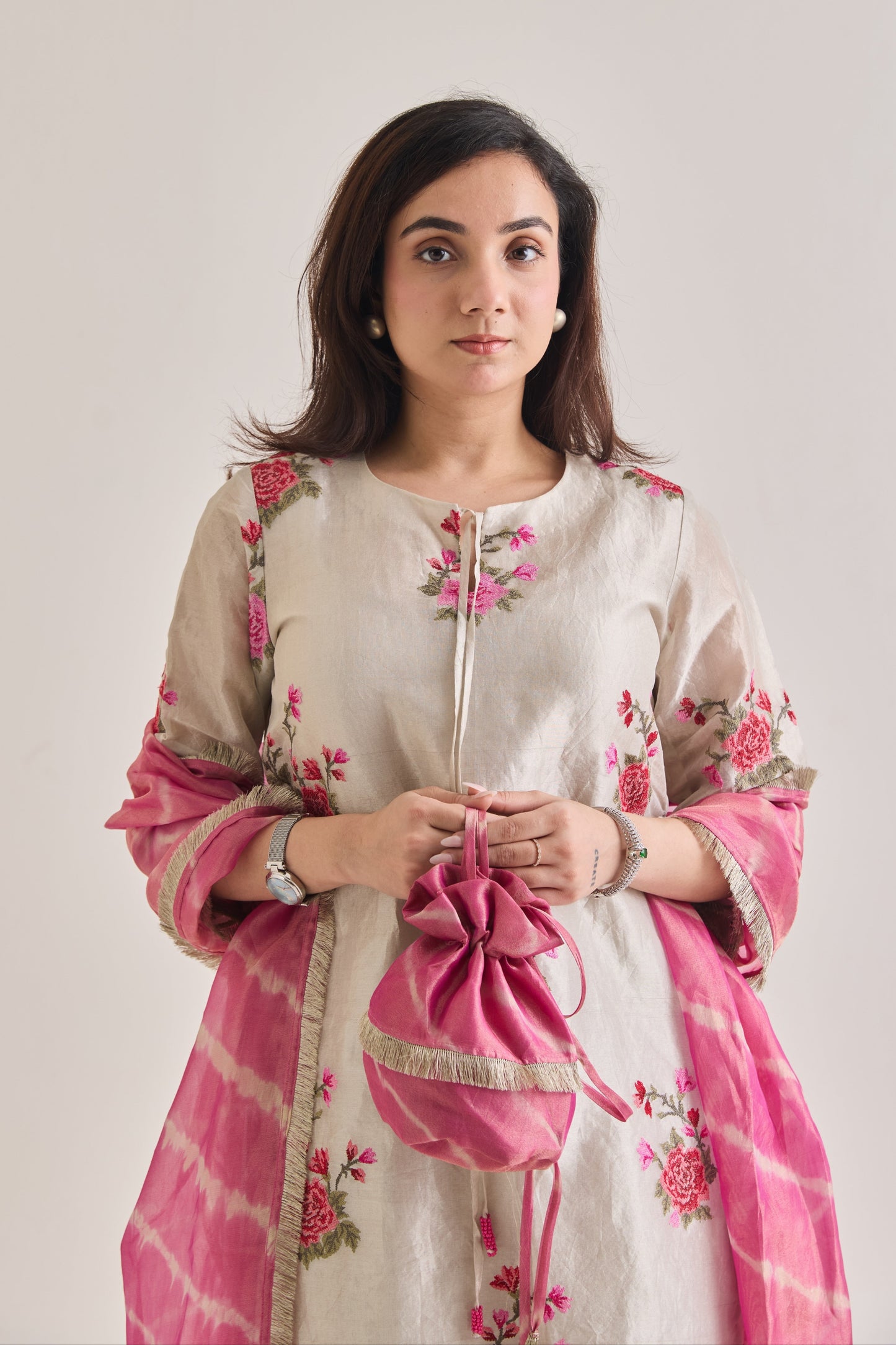 Silver Tissue Farsi Salwar Suit Set with Potli Bag