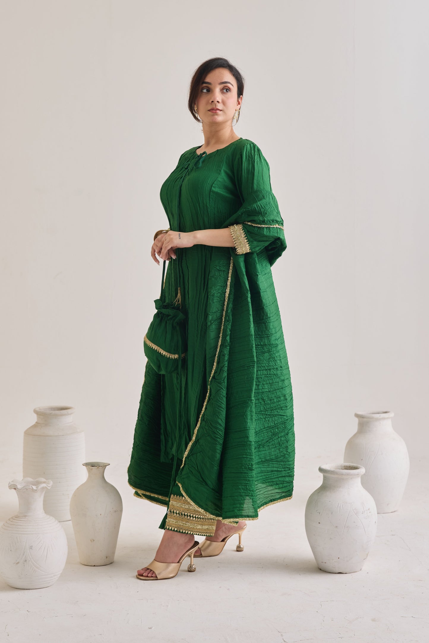 Green Crushed Silk Suit With Potli Bag