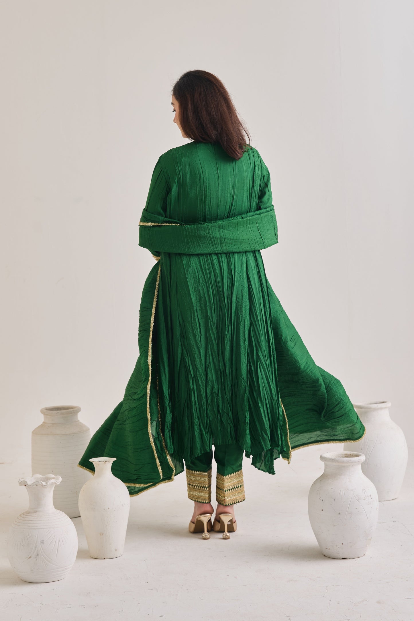 Green Crushed Silk Suit With Potli Bag
