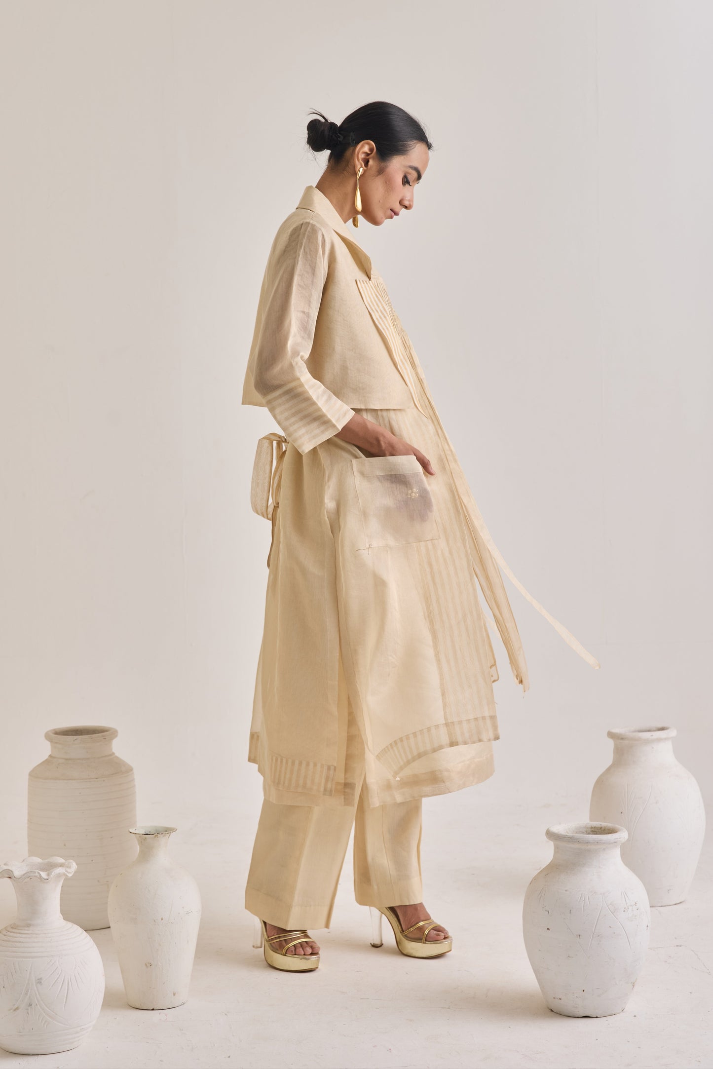 Front Fringes Back Knot Chanderi Set