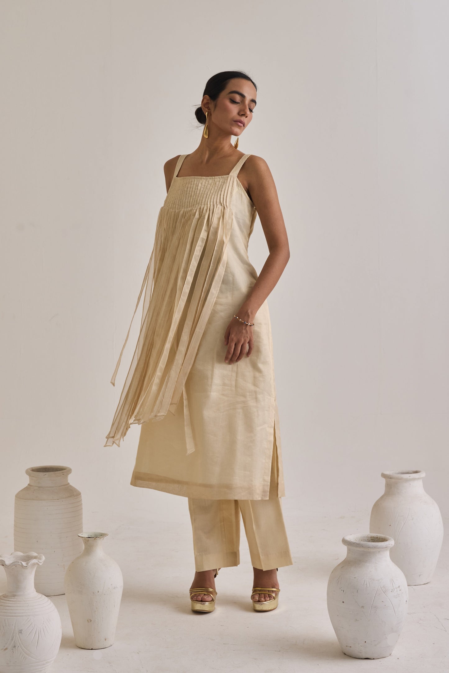 Front Fringes Back Knot Chanderi Set