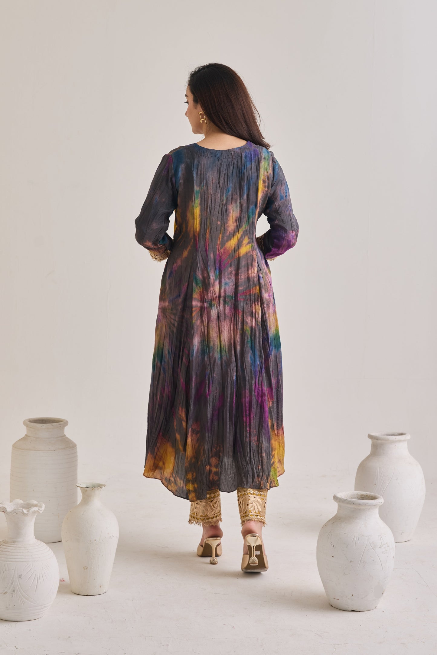 Tie and Dye Crushed Silk Suit With Potli Bag