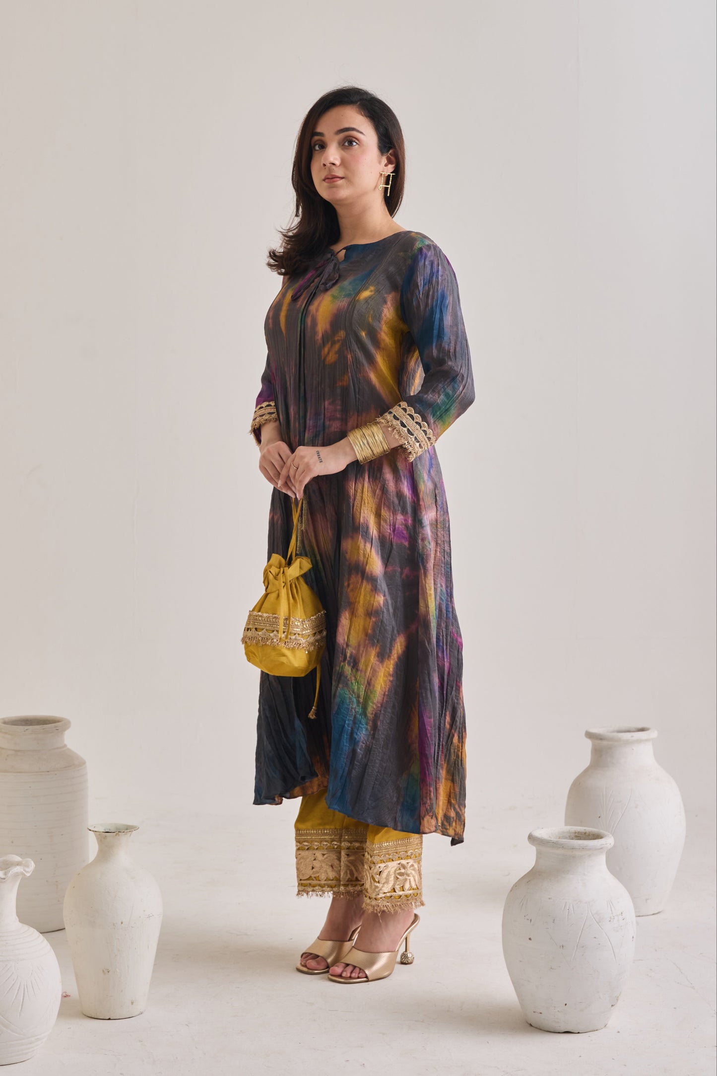 Tie and Dye Crushed Silk Suit With Potli Bag