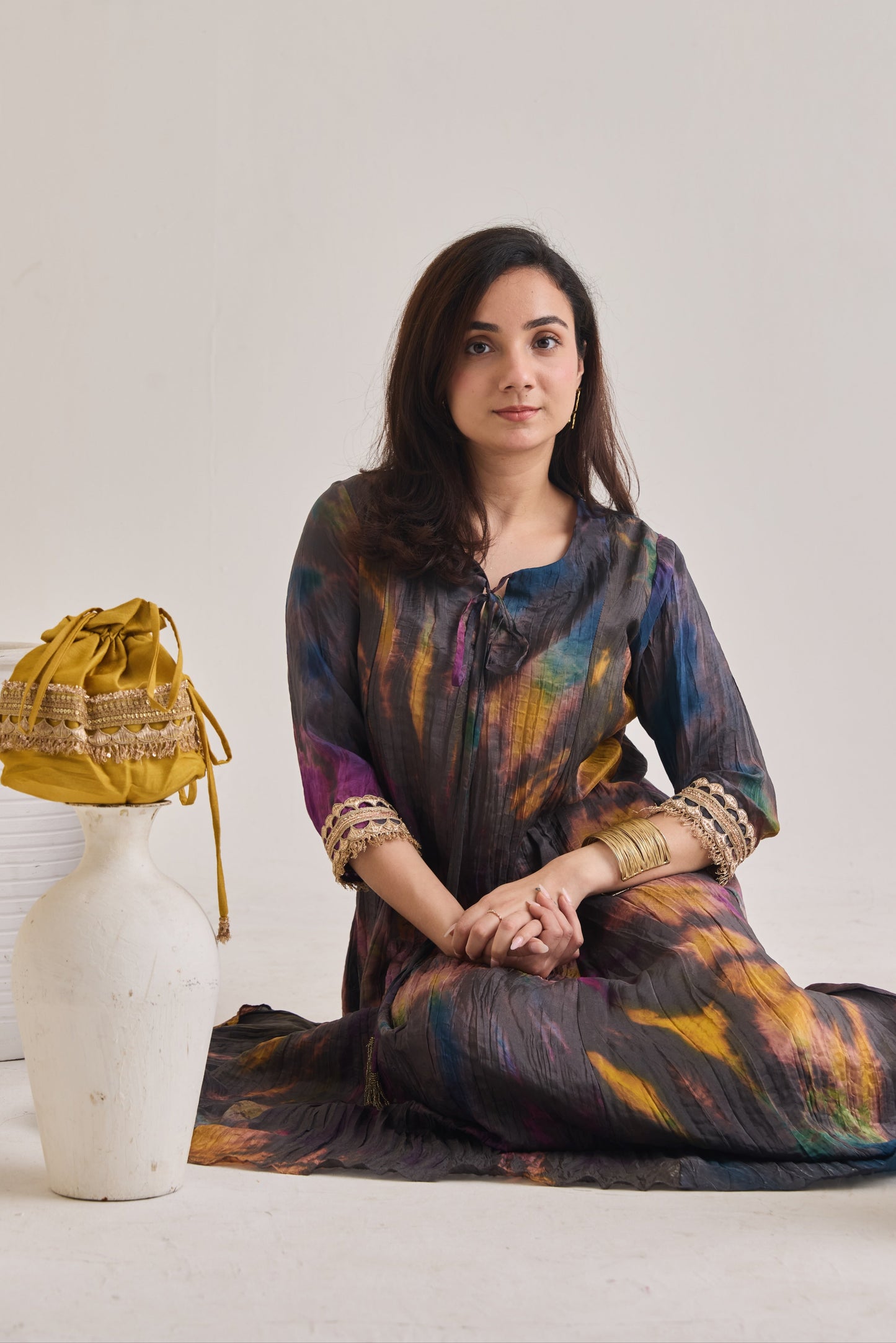 Tie and Dye Crushed Silk Suit With Potli Bag