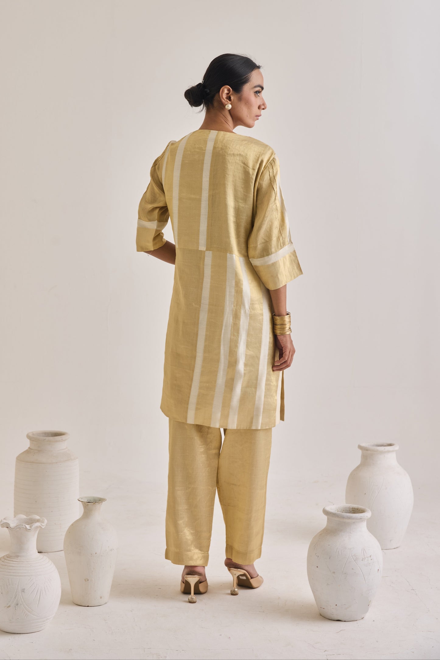 Pure Banarsi Golden And White Stripes Kurta Set