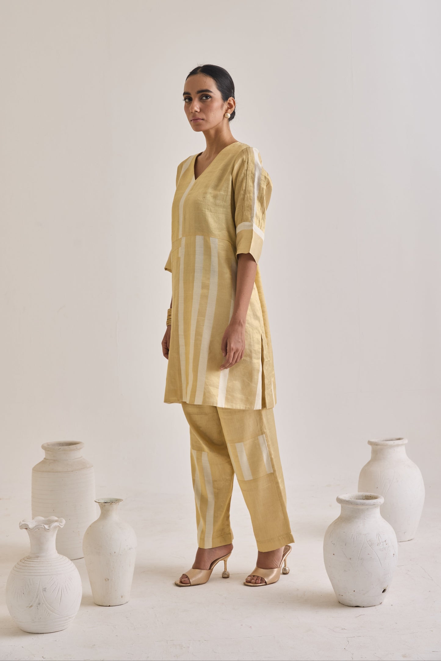 Pure Banarsi Golden And White Stripes Kurta Set
