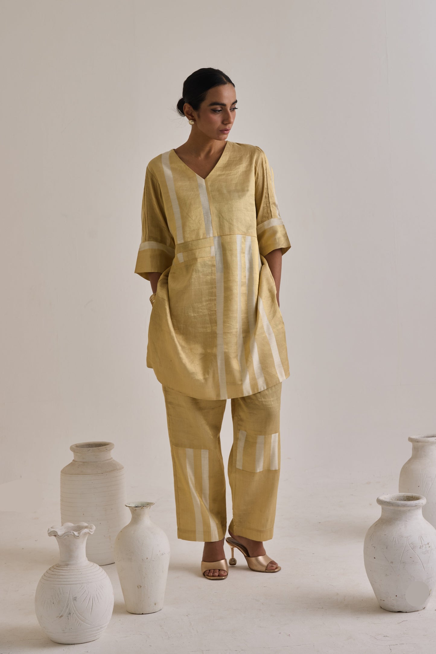 Pure Banarsi Golden And White Stripes Kurta Set