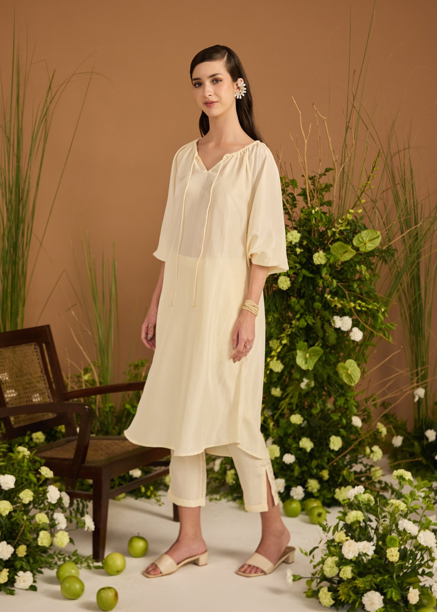 Neck Gather Long Silk Kurta With Pants