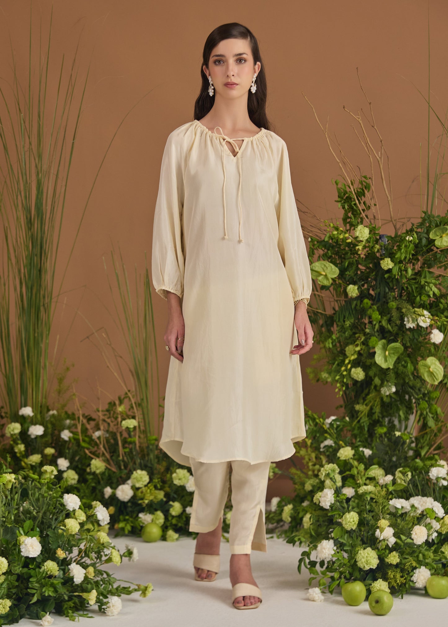 Neck Gather Long Silk Kurta With Pants