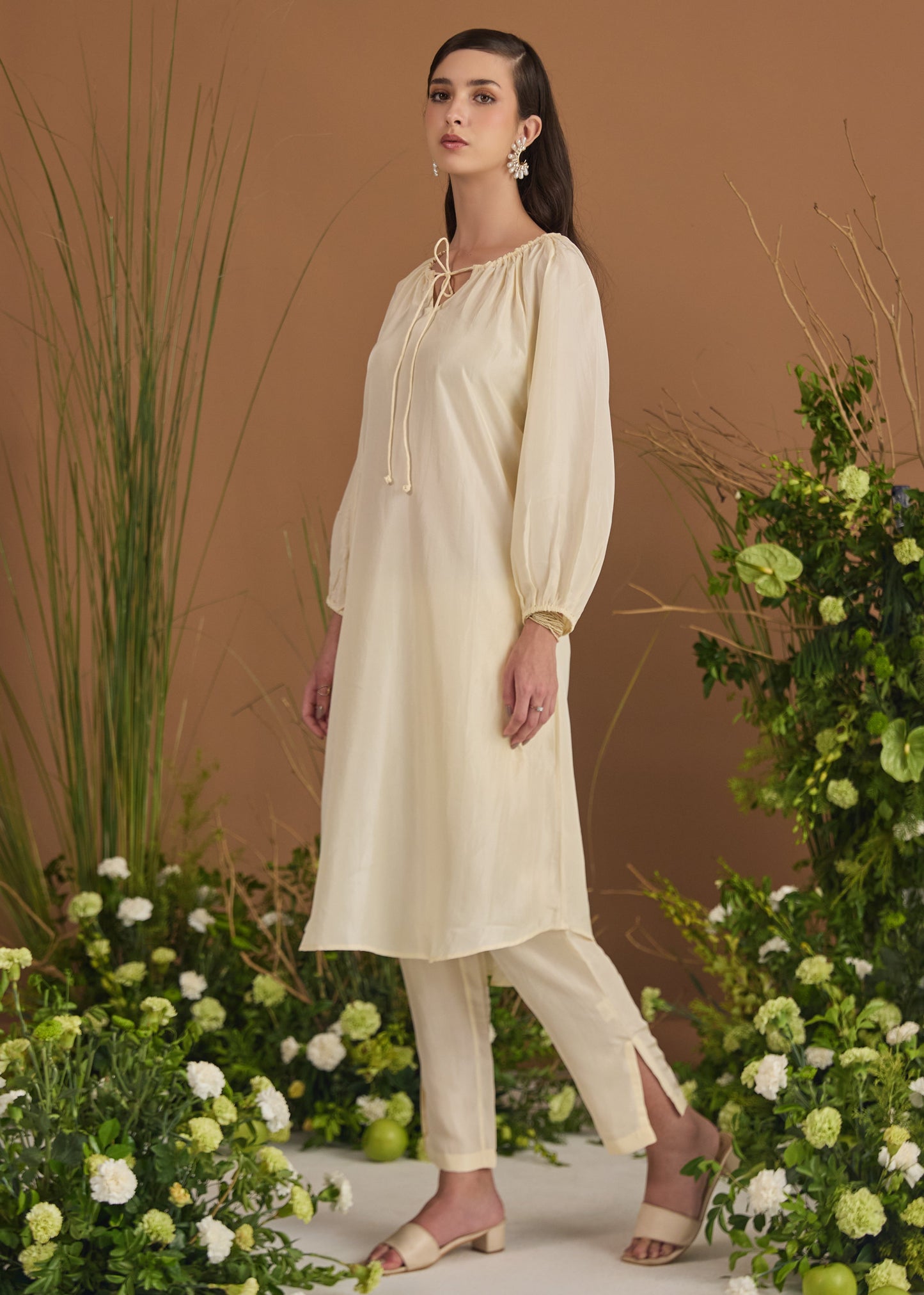 Neck Gather Long Silk Kurta With Pants