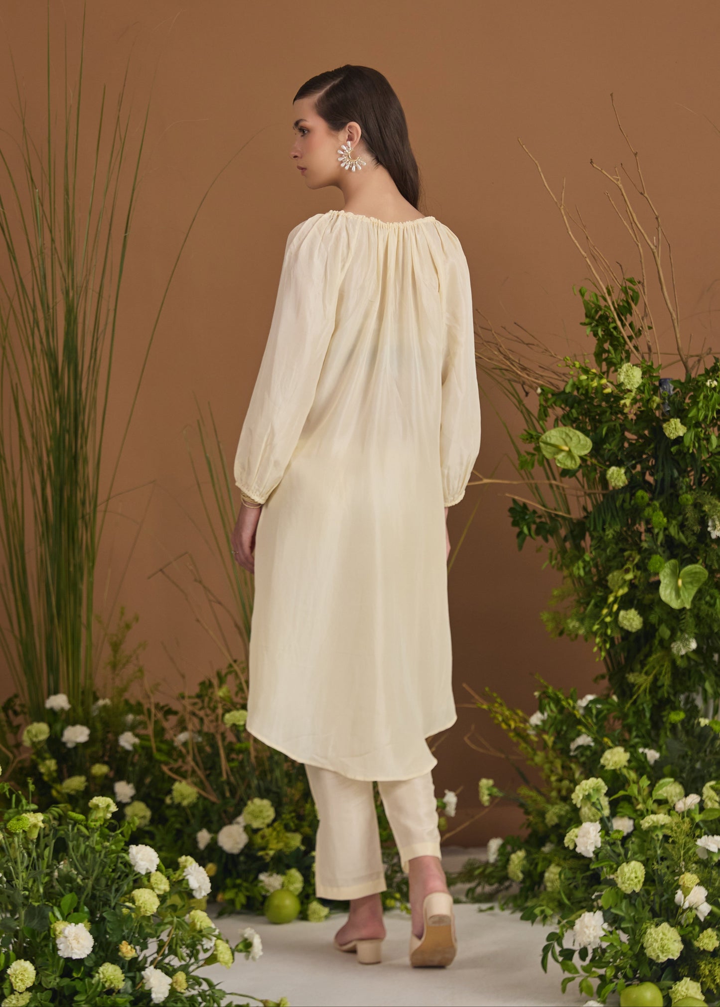 Neck Gather Long Silk Kurta With Pants