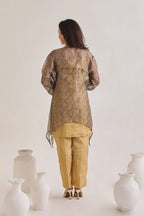 Back view of a layered co-ord set comprising of Banarasi Kurta With printed Tissue Organza Loose overlay Top and golden banarsi pants