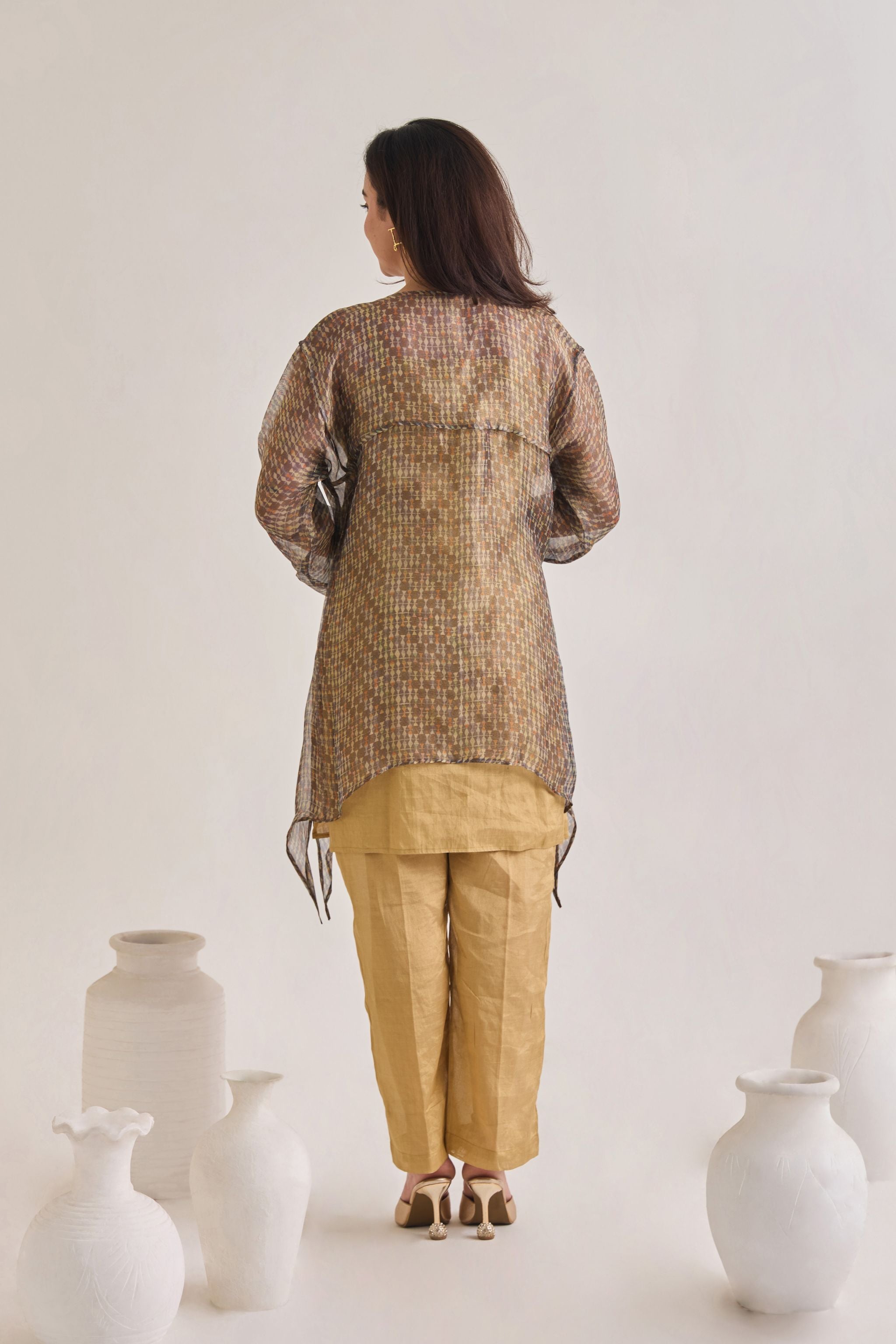 Back view of a layered co-ord set comprising of Banarasi Kurta With printed Tissue Organza Loose overlay Top and golden banarsi pants