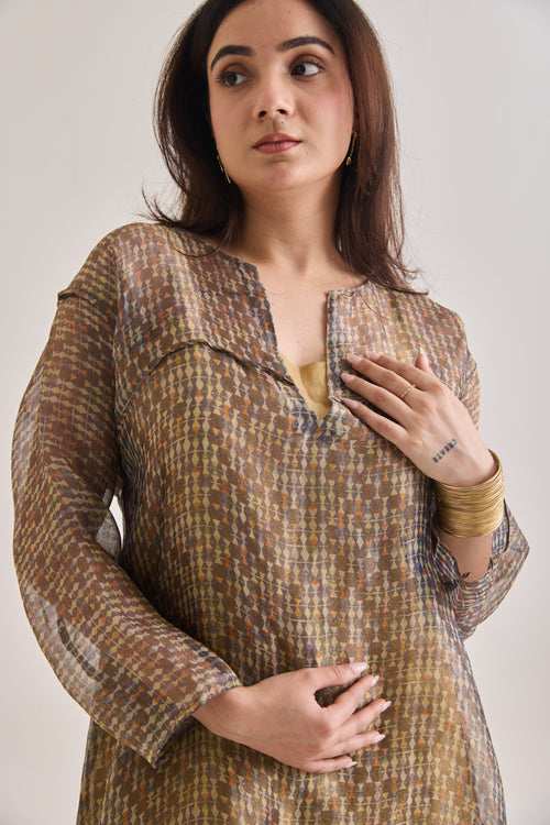 Close-up view of a layered co-ord set comprising of Banarasi Kurta With printed Tissue Organza Loose overlay Top