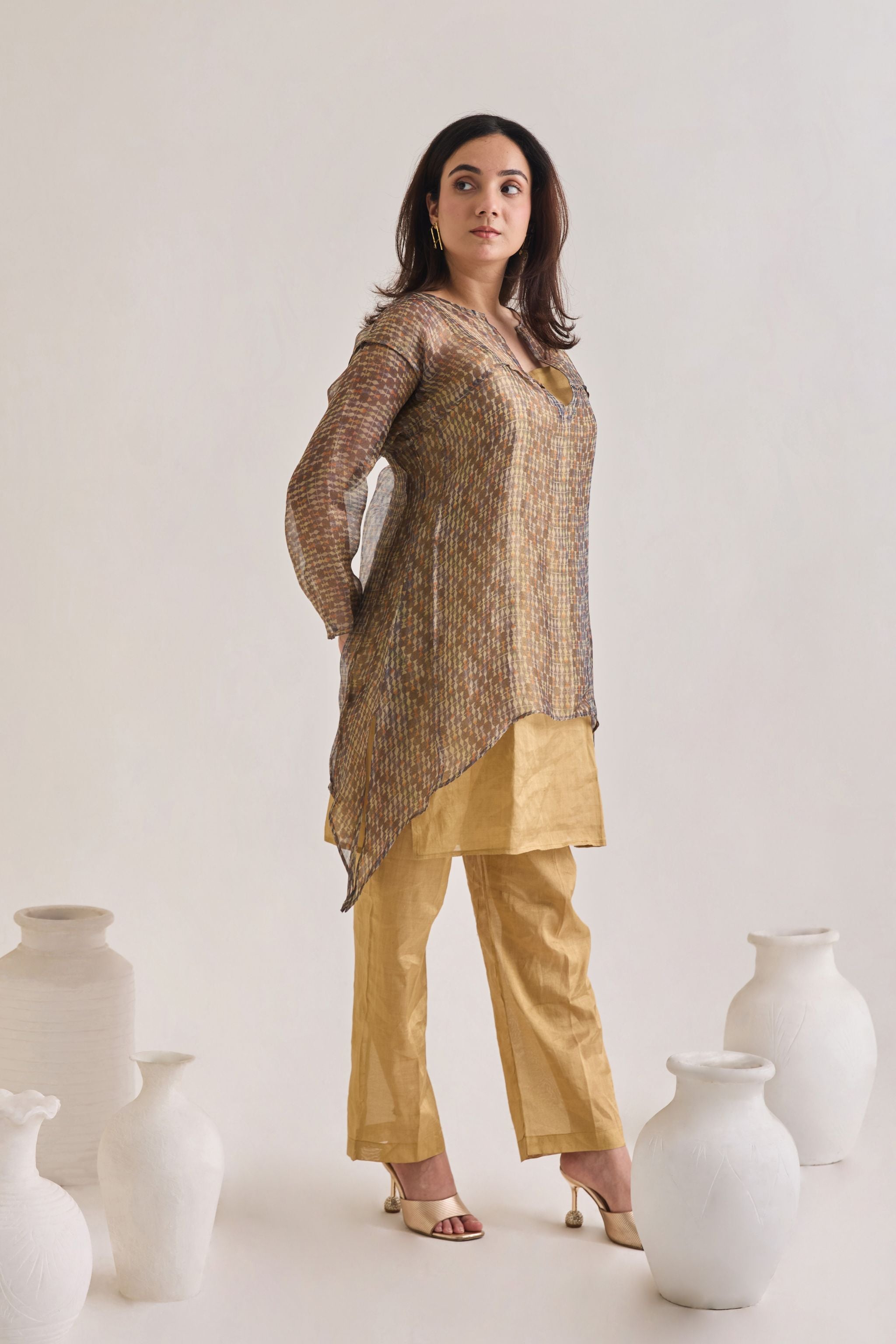 Side view of a layered co-ord set comprising of Banarasi Kurta With printed Tissue Organza Loose overlay Top and golden banarsi pants