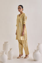 Side view of golden Banarsi co-ord set made using pure banarsi fabric with a blocked design on Kurta and pants