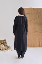 Back view of Black Chanderi long paneled kurta with long sleeves