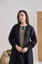 Black Chanderi kurta with raw jute embroidery on neckline and long sleeves with cuff