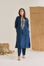 Blue Chanderi long kurta with raw jute embroidery on neckline