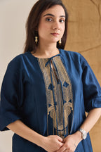Blue Chanderi long kurta with raw jute embroidery on neckline detailed close view