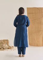 Blue Chanderi Long Kurta Jute Embroidered back view