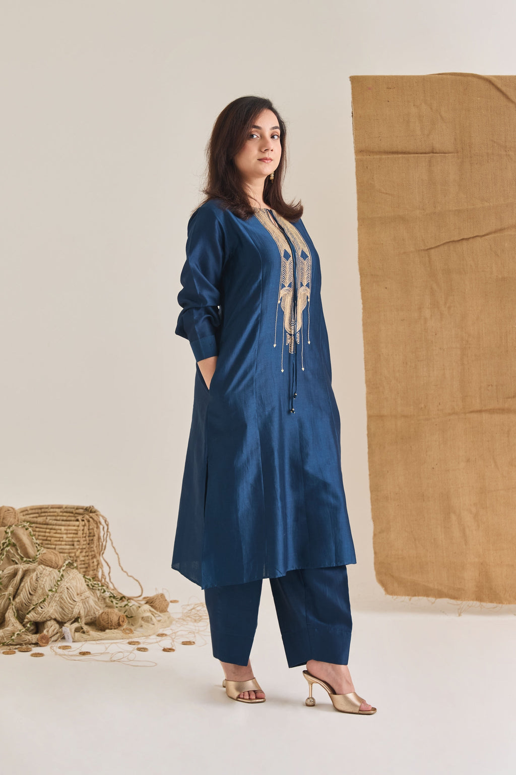 Blue Chanderi long kurta with raw jute embroidery side view
