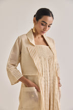 Detailed view of Chanderi set with a Long coat having notched collar, Fringed stripes Kurta