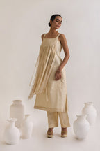 Front view of Chanderi set with a Fringed stripes Kurta ton front and crease pants