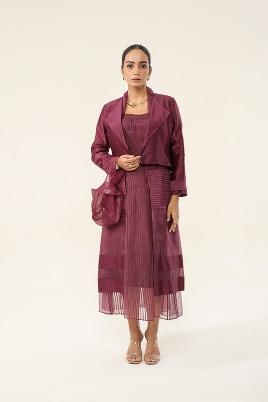 Claret Wine Pleated Dress and Double Coat Set