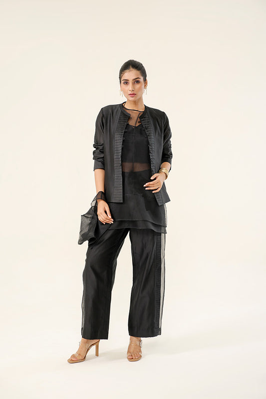 Midnight Black Coat Set with Sheer Panel Pants