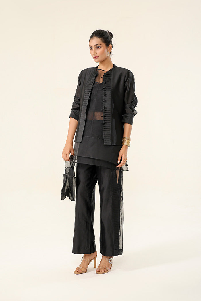 Midnight Black Coat Set with Sheer Panel Pants