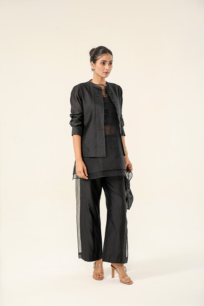 Midnight Black Coat Set with Sheer Panel Pants