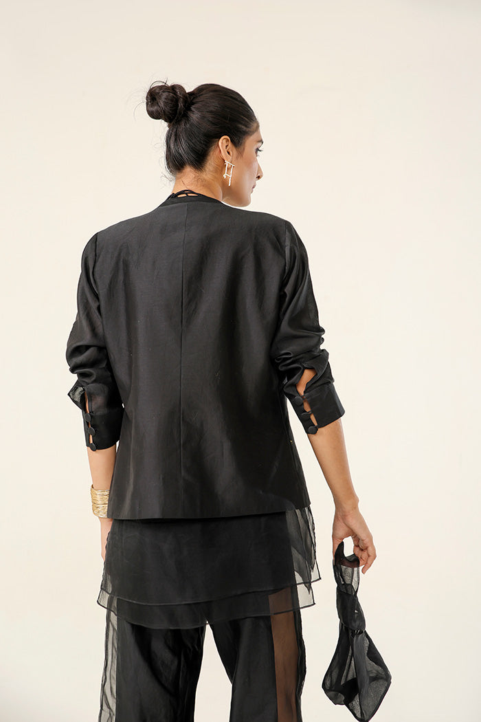 Midnight Black Coat Set with Sheer Panel Pants