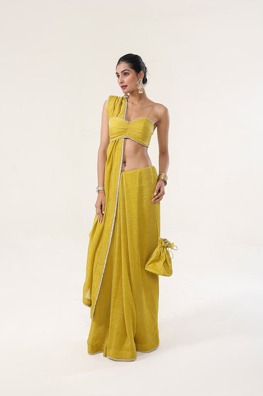 Gold Yellow Crushed Tissue Crepe Saree