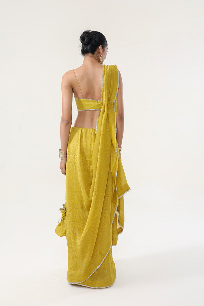 Gold Yellow Crushed Tissue Crepe Saree