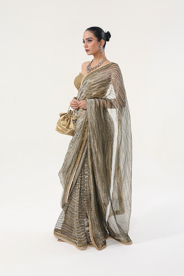 Green Metallic Weaved Tissue  Organza Saree