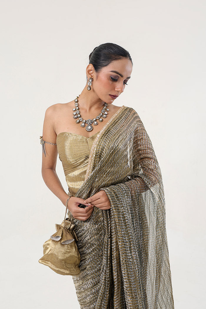 Green Metallic Weaved Tissue  Organza Saree