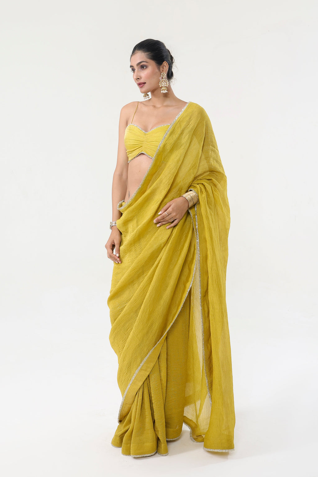 crushed crepe bridal saree gold yellow