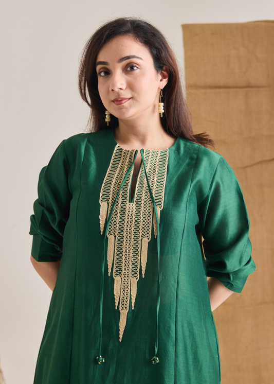 Long Jute Embroidered Kurta Set With Cocoon Pants