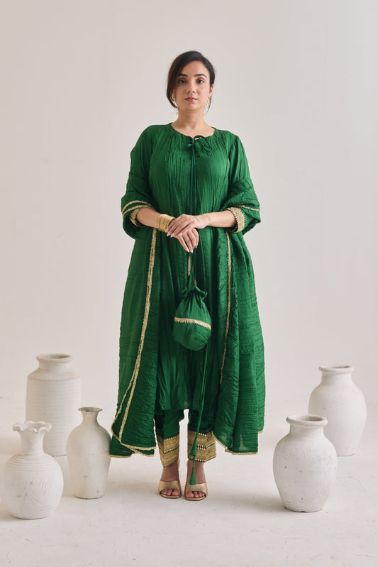 Green Crushed Silk Suit With Potli Bag