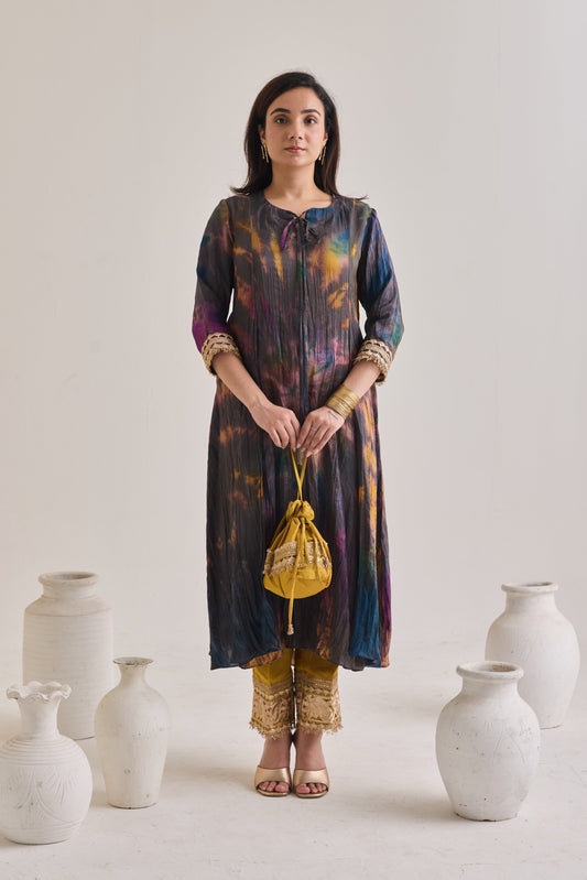 Tie and Dye Crushed Silk Suit With Potli Bag