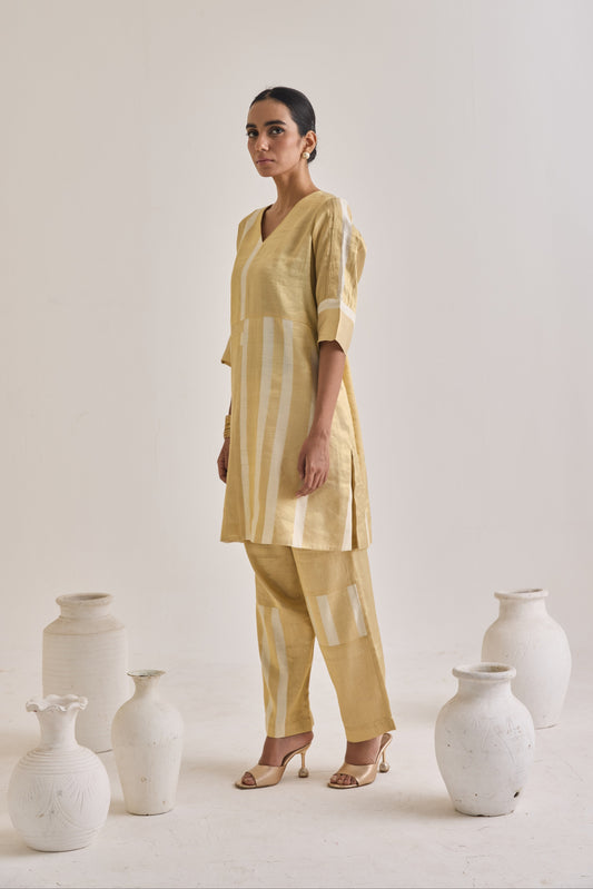 Pure Banarsi Golden And White Stripes Kurta Set
