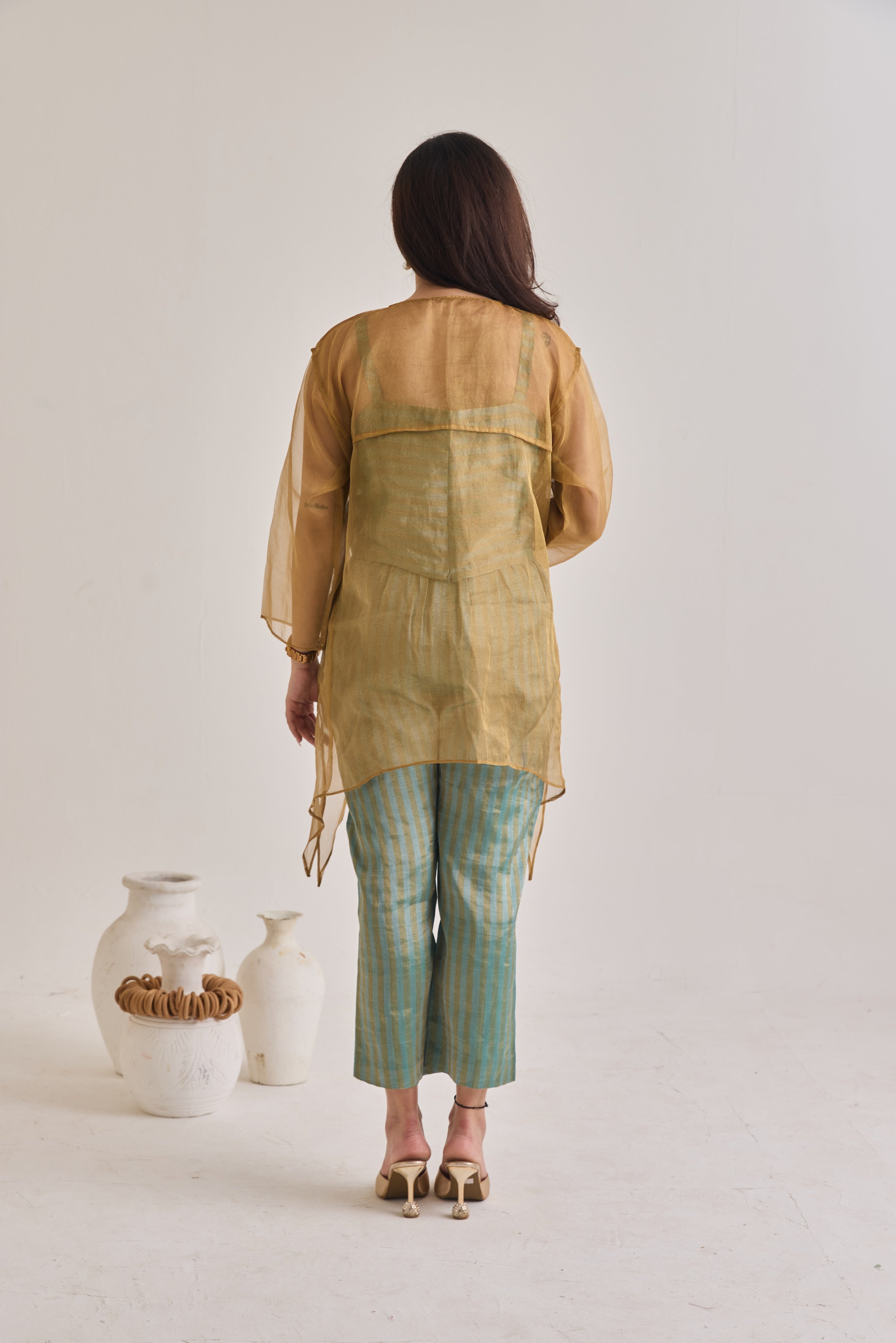 teal and gold brocade ensemble