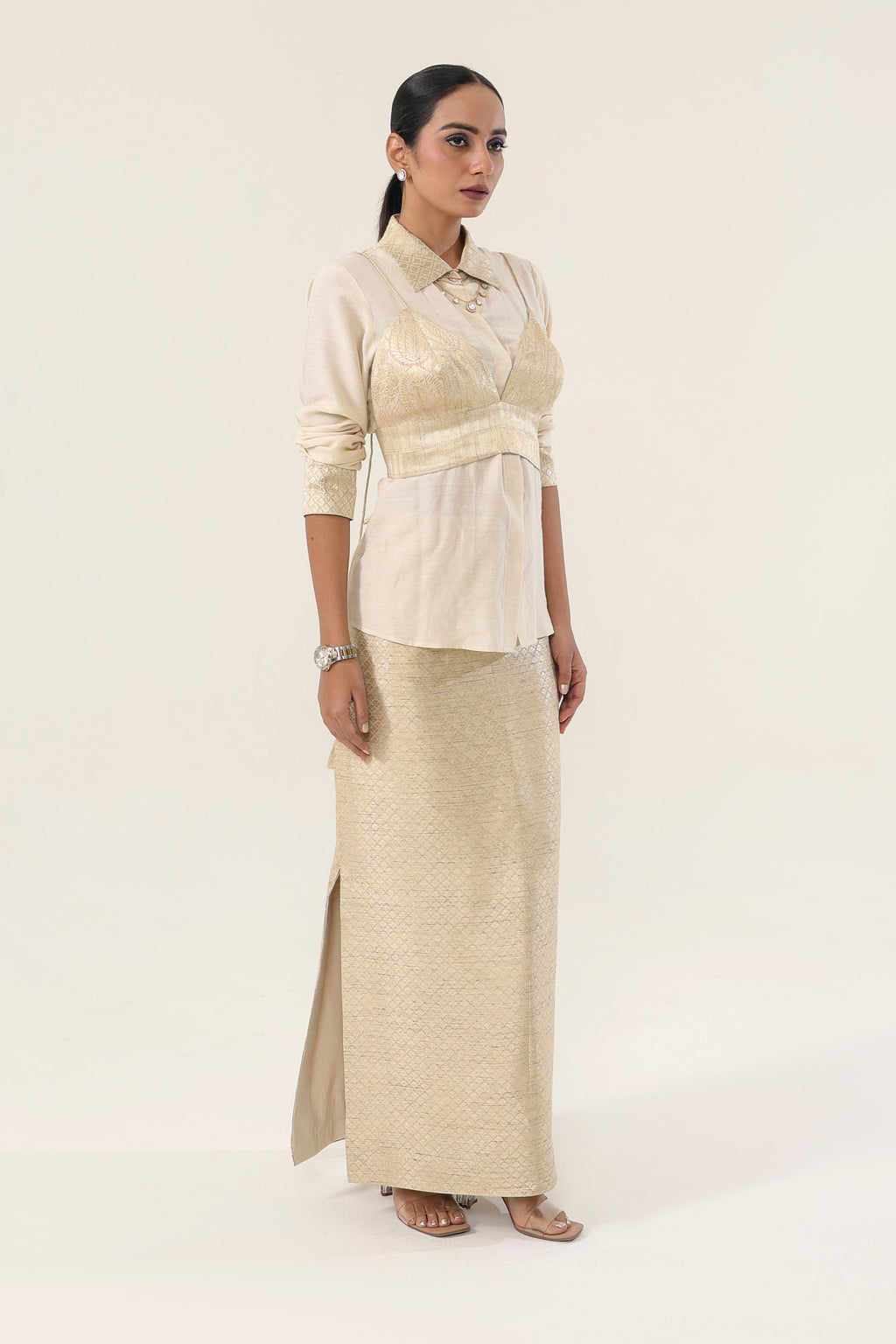 Natural gold Munga Co-ord Set, shirt closed - side silhouette | Essence by Monika