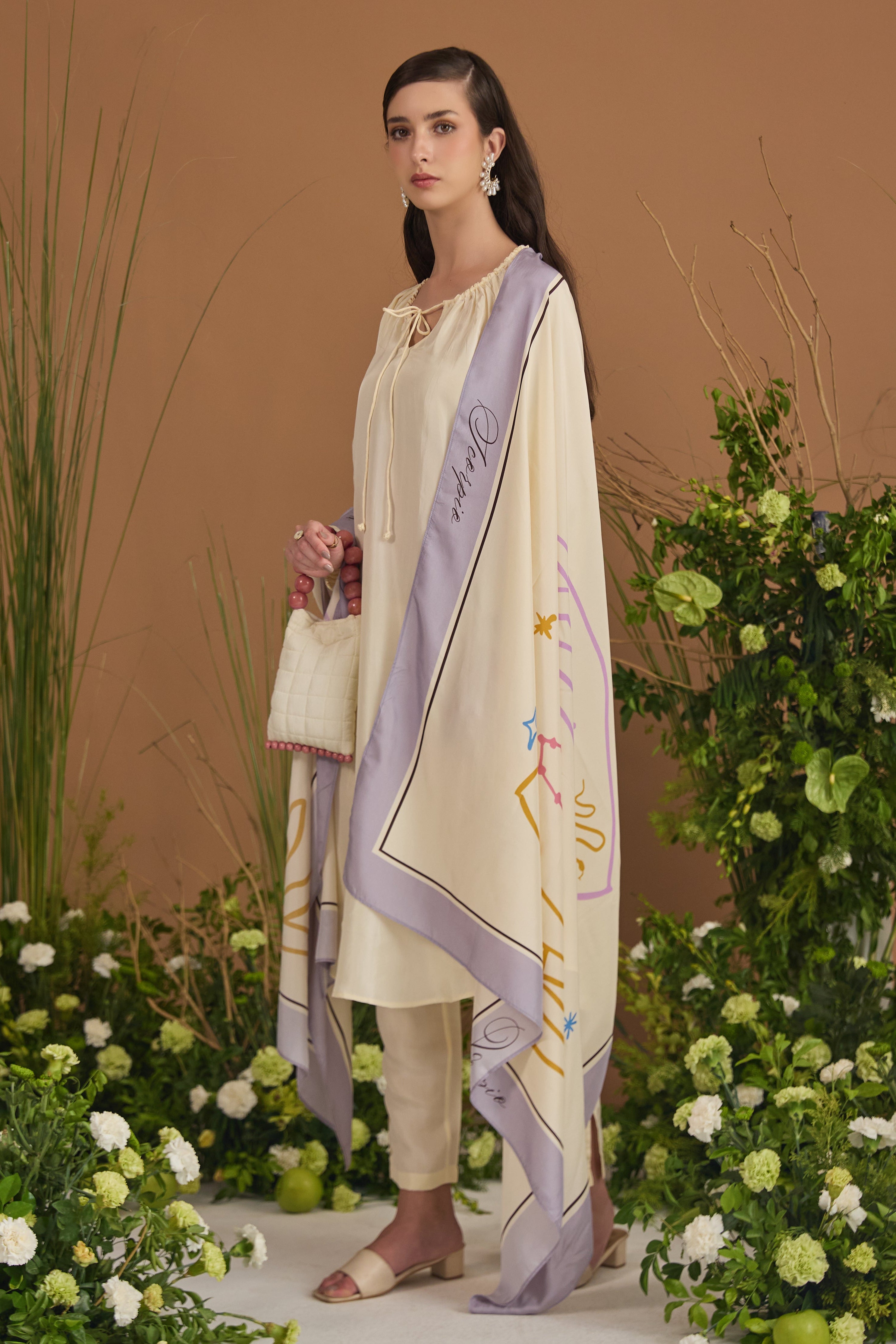 Champagne with lavender border Dupatta - side silhouette | Essence by Monika