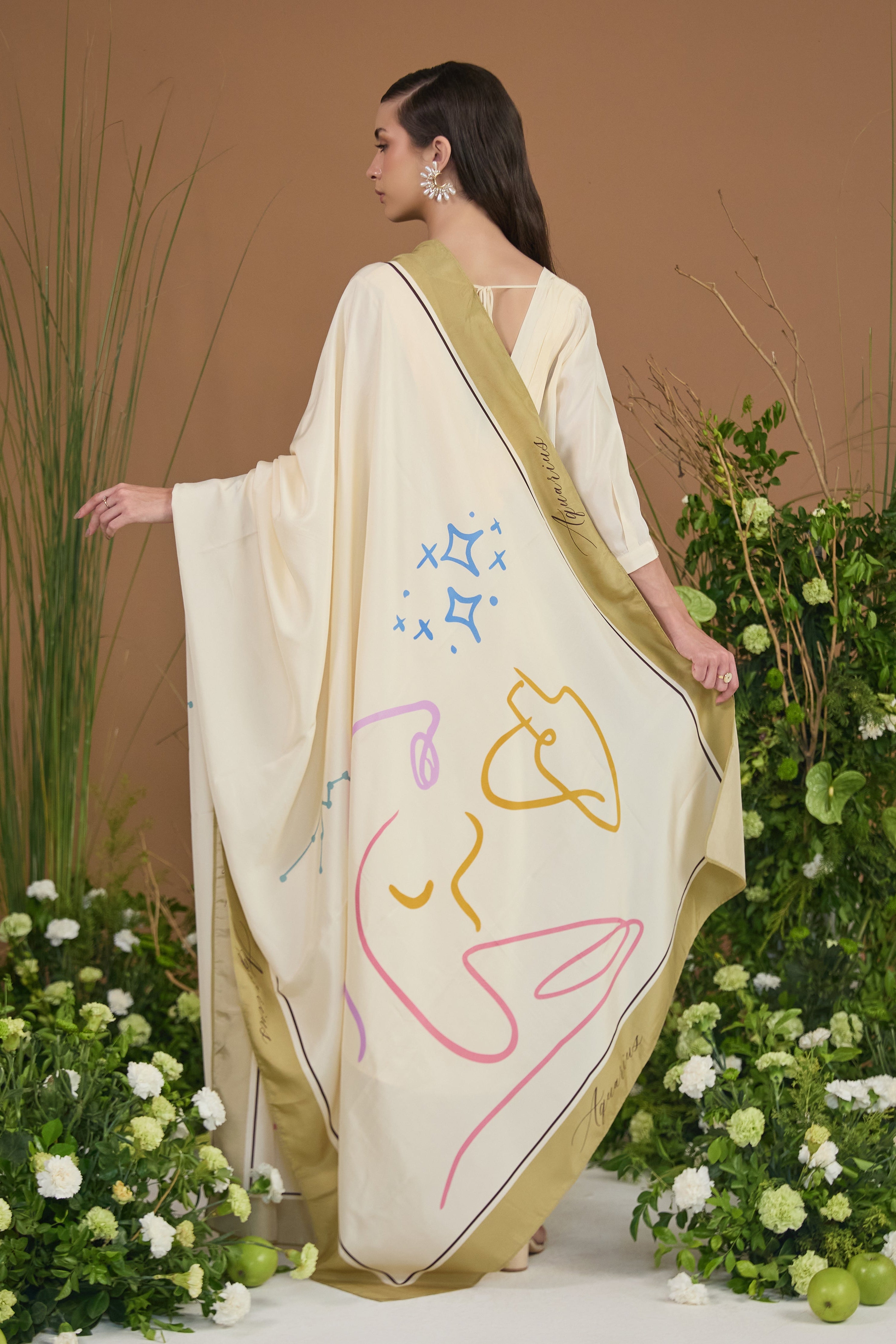 Aquarius Habotai Silk Zodiac Dupatta - back view | Essence by Monika